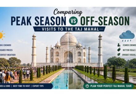 Side-by-side view showing Taj Mahal peak season crowds compared with a peaceful off-season visit.