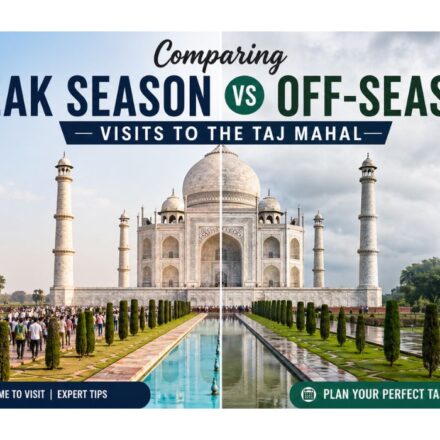 Side-by-side view showing Taj Mahal peak season crowds compared with a peaceful off-season visit.