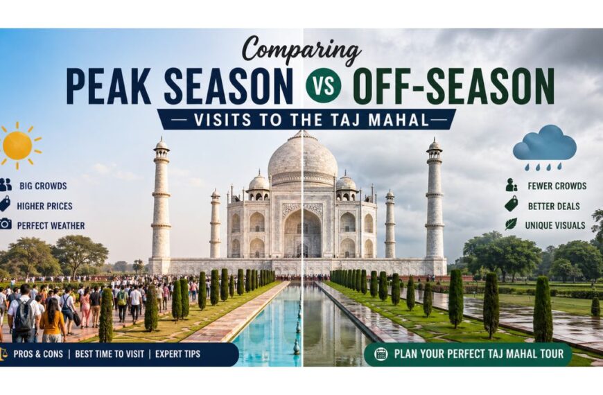 Side-by-side view showing Taj Mahal peak season crowds compared with a peaceful off-season visit.