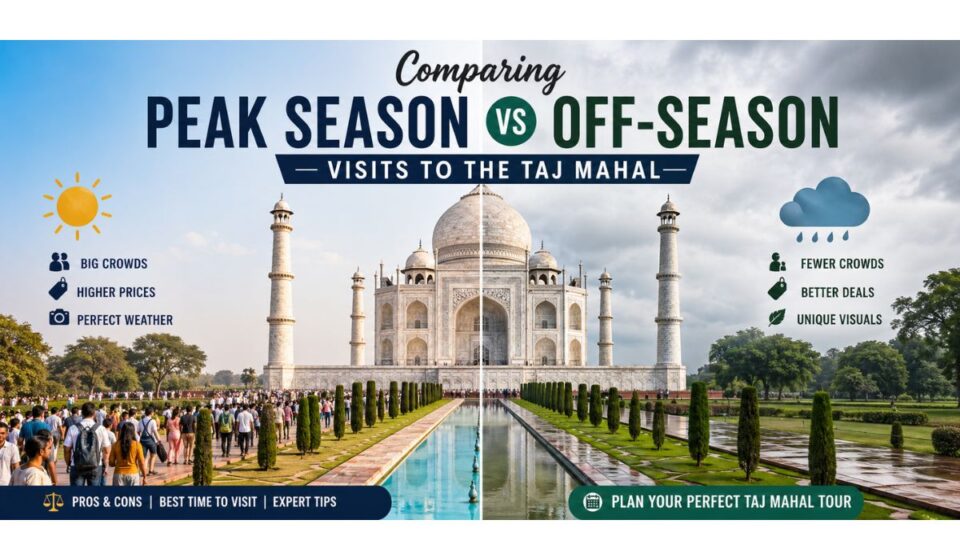 Side-by-side view showing Taj Mahal peak season crowds compared with a peaceful off-season visit.