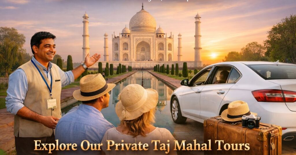  Private Taj Mahal tour by car with professional guide and travelers at sunrise