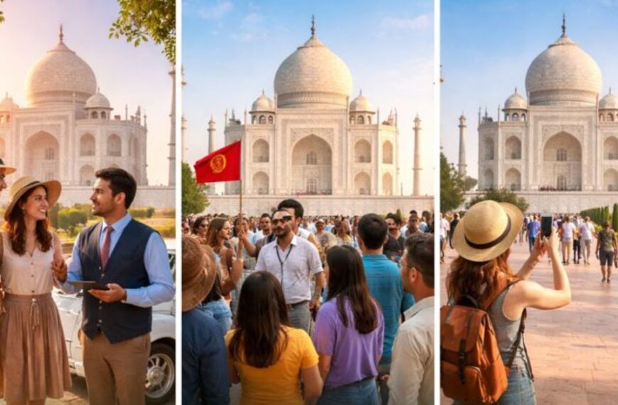 Comparison of private tours, public group tours, and solo visit at the Taj Mahal in India