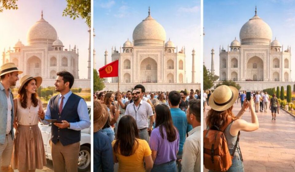 Comparison of private tours, public group tours, and solo visit at the Taj Mahal in India