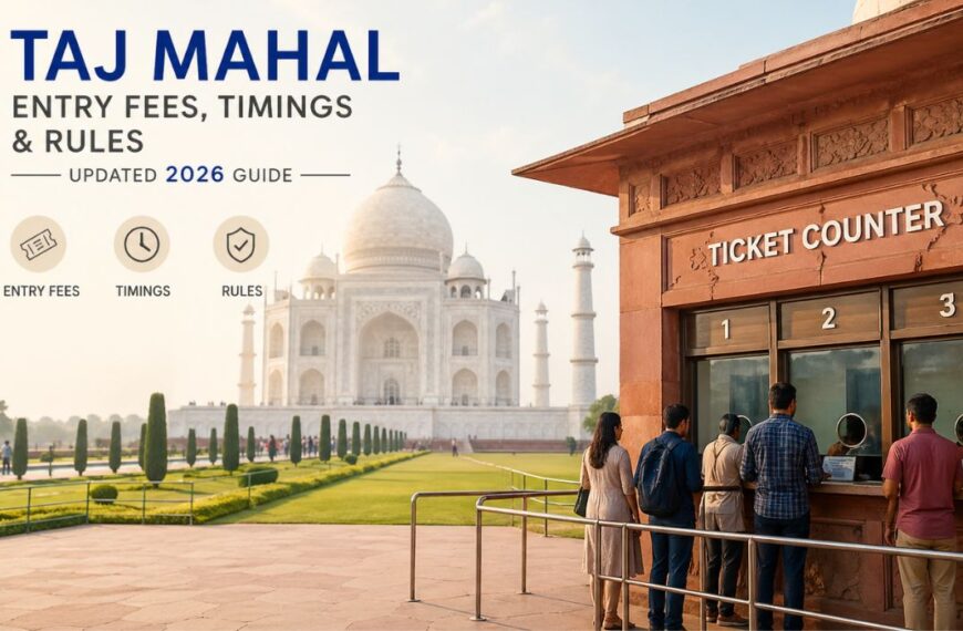 Visitors buying tickets at Taj Mahal ticket counter with information on entry fees timings and rules