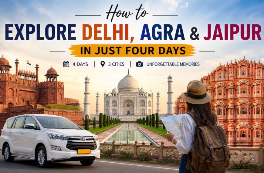 How to explore Delhi, Agra, and Jaipur in 4 days with the Red Fort, Taj Mahal, Hawa Mahal, and a comfortable road trip itinerary.