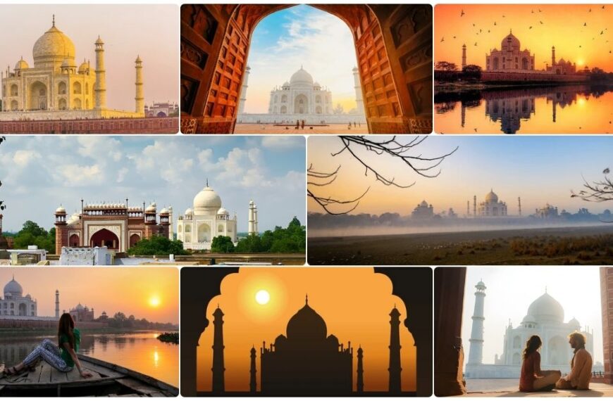 Taj Mahal photography guide featuring sunrise views, reflection shots, framing techniques, river viewpoints and romantic portrait locations