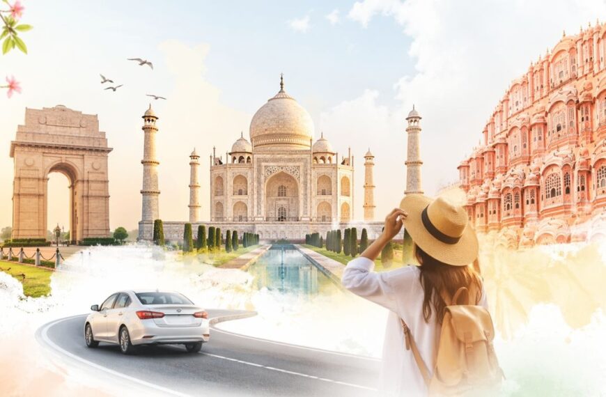 Complete Golden Triangle Travel Guide featuring Delhi, Agra, and Jaipur with India Gate, Taj Mahal, Hawa Mahal, Qutub Minar, Agra Fort, and Amber Fort.